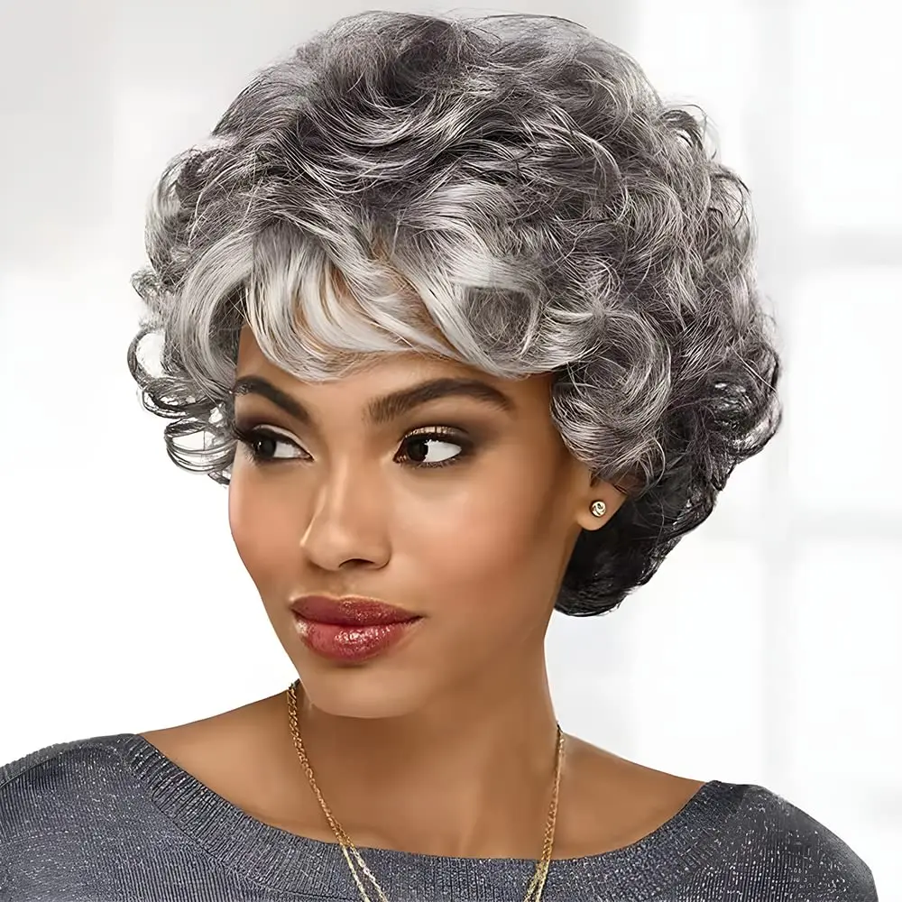 Short Ombre Hair Wigs for Black Women Afro Curly Hairstyles for Women Pixie Cut Wigs with Curly Bangs