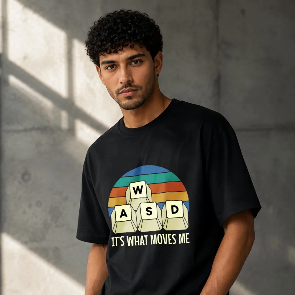 WASD It's What Moves Me Retro Sunset Modal T‑Shirt Gaming Keyboard Keys Funny Gamer Quote Graphic Art Print Fabric Casual Tees
