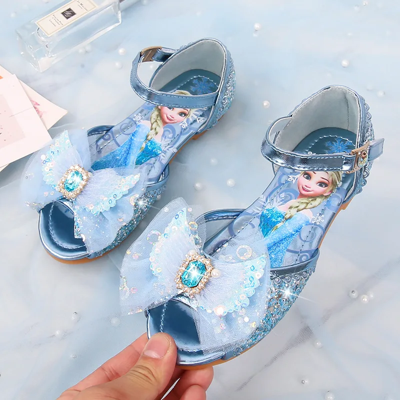 

Disney Girls Sandals Frozen Elsa Princess Shoes Girls Crystal Shoes Children Catwalk Show Blue Peep Toe Shoes Flats Size 22-36