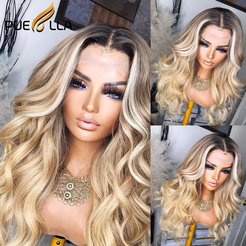 Renda transparan 13x6 Wig Frontal Body Wave Blonde Ombre Wig Brazilian untuk wanita 100% rambut manusia Hairline alami