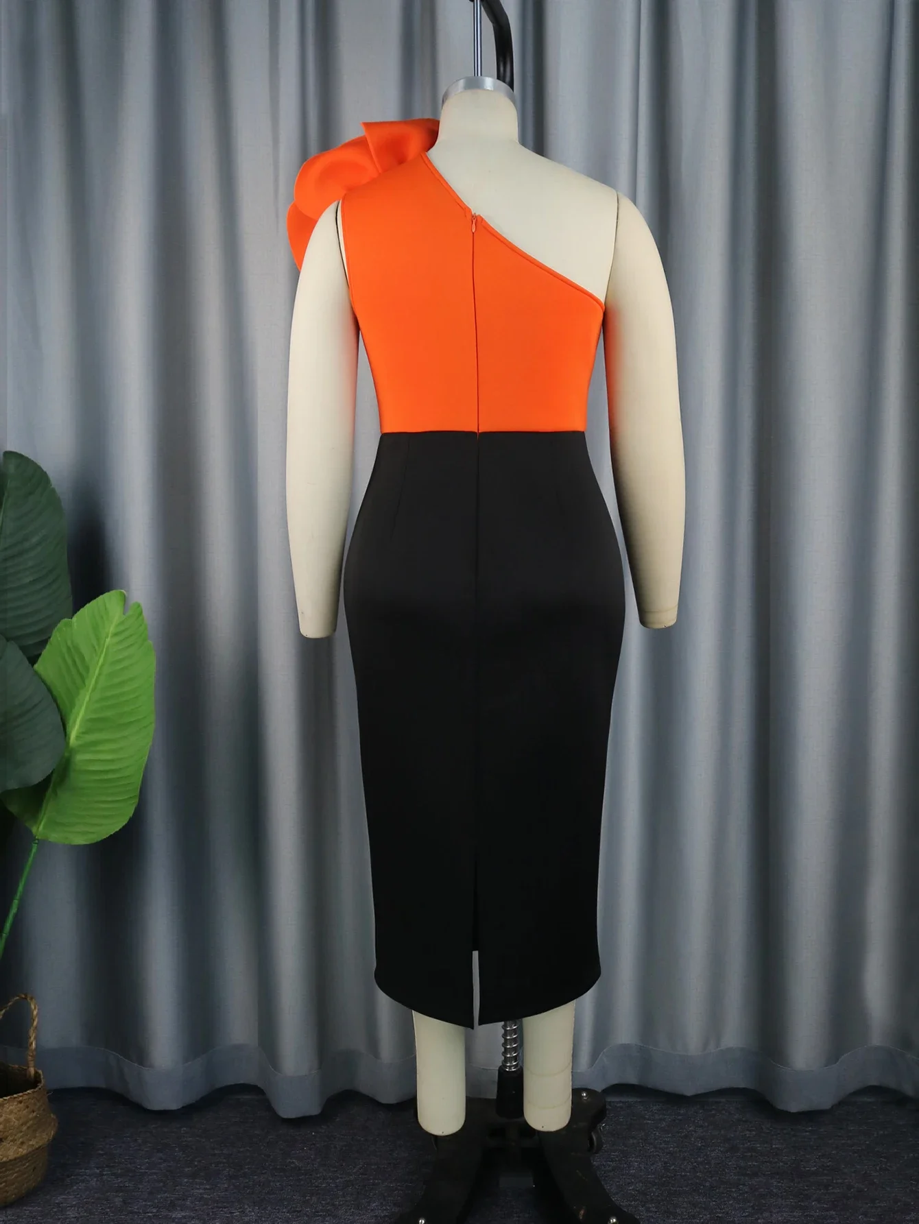 Women Orange Party Dresses Plus Size 3XL 4XL Flower One Shoulder Empire Cocktail Club Party Midi Gowns Patchwork Bodycon Outfits