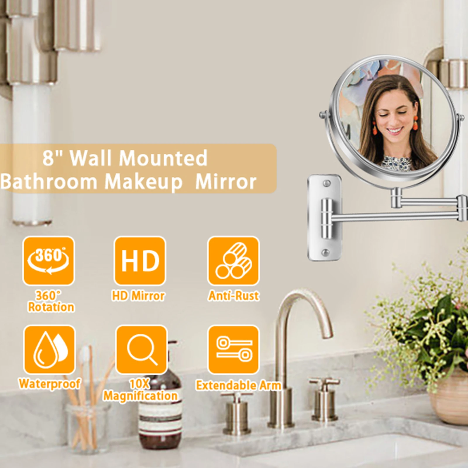 กระจกห้องน้ำแบบติดผนัง 8 นิ้ว ขยาย 5 เท่า/10 เท่า กระจกแต่งหน้าสองด้าน หมุนได้ 360 องศา ขยายได้