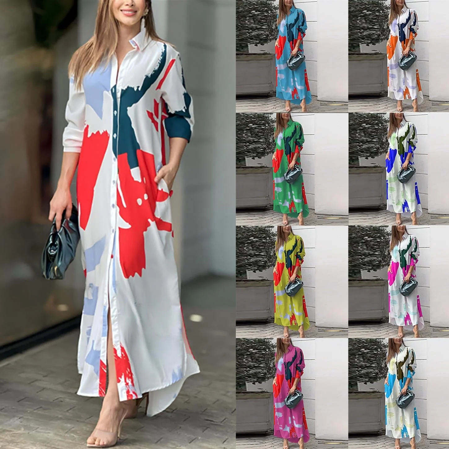 Feminino impressão geométrica fenda irt dr longo a linha silhueta busin casual tecido de poliéster básico sle outono dr