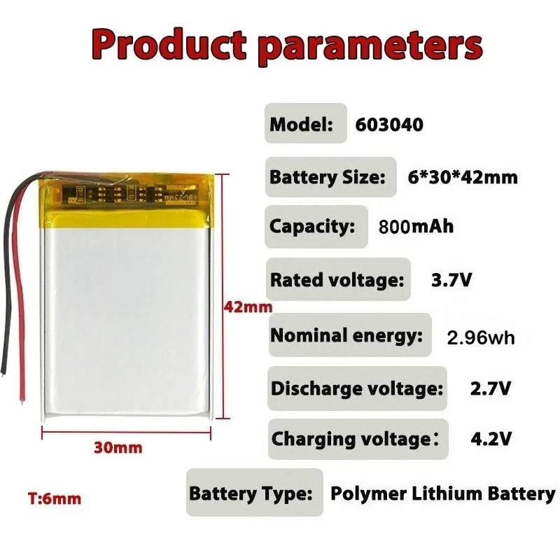 Bateria litowo-polimerowa 603040 3.7V do urządzeń kosmetycznych, urządzeń do odsysania mleka, zabawek, głośników, systemów samochodowych, nawigacji, monitoringu, 800mAh — zdjęcie produktu 4