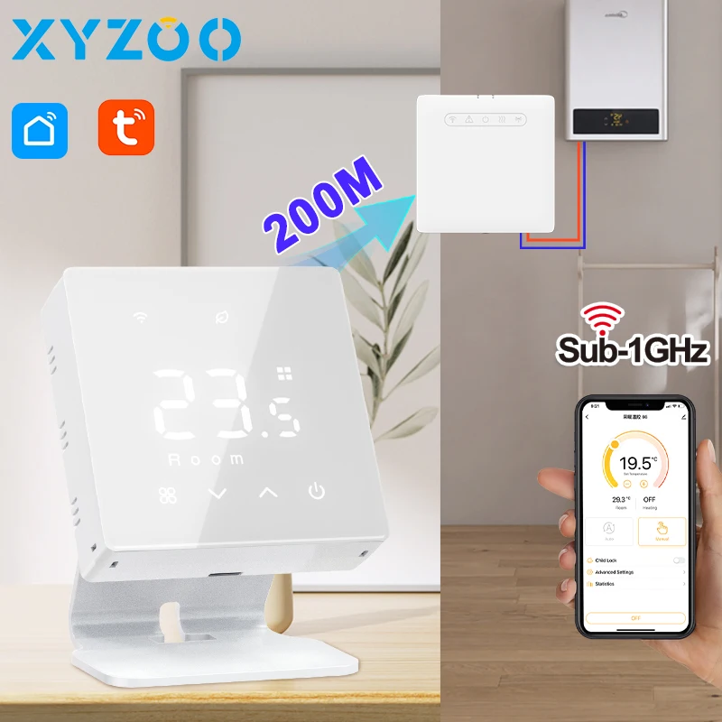 

Умный Wi-Fi термостат Tuya с радиочастотным беспроводным управлением для водяных/газовых котлов, дистанционное управление температурой дома, питание от батареек, совместимость с Alexa и Google.
