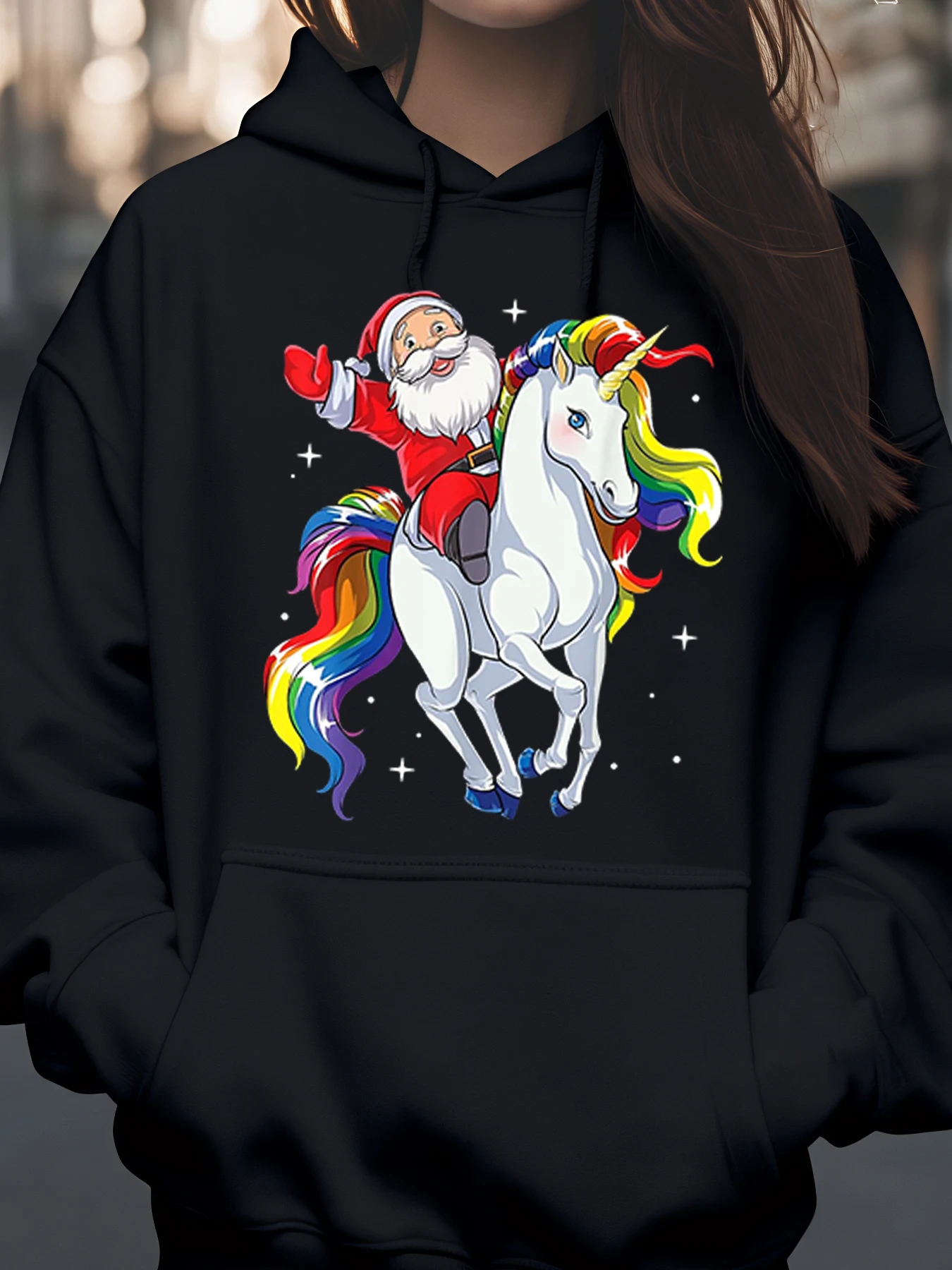 

Толстовка с принтом радуги и единорога Санта-Клауса, рождественская повседневная одежда, женская унисекс