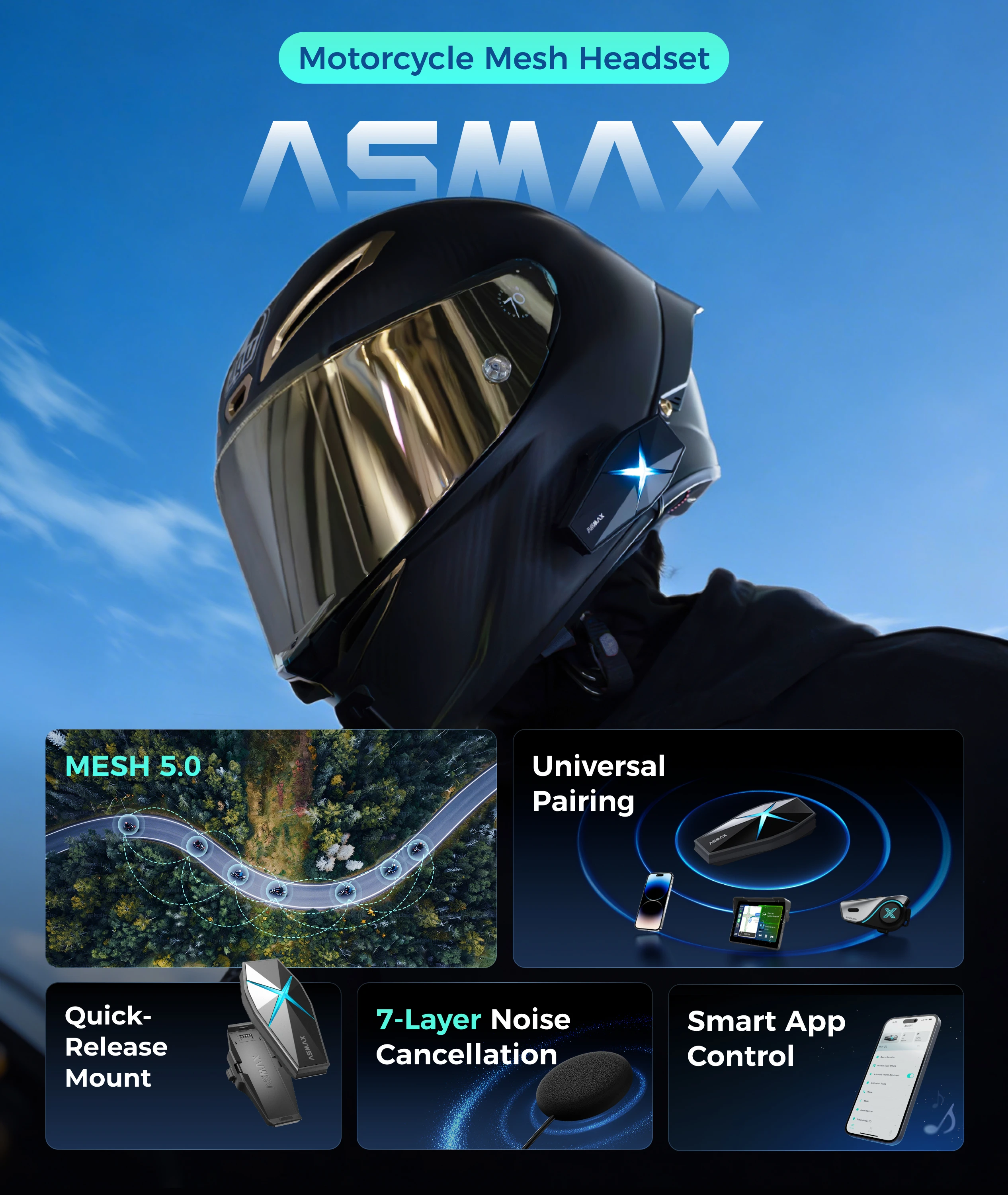 ASMAX F1S Motorcycle Bluetooth Intercom for 50 Riders, Voice Command, BT 5.3 Helmet Communication, Hi-Fi Sound, No Magnetic Base