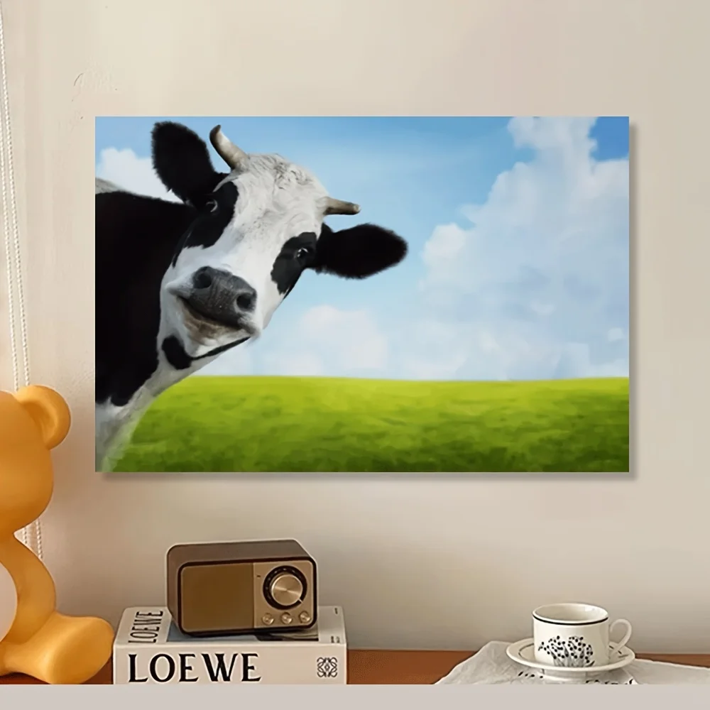 1pc frameless Canvas Painting 1pc, Classic Style Canvas Wall Art, Cow & Green Field Print, Unframed Decorative Painting for Home