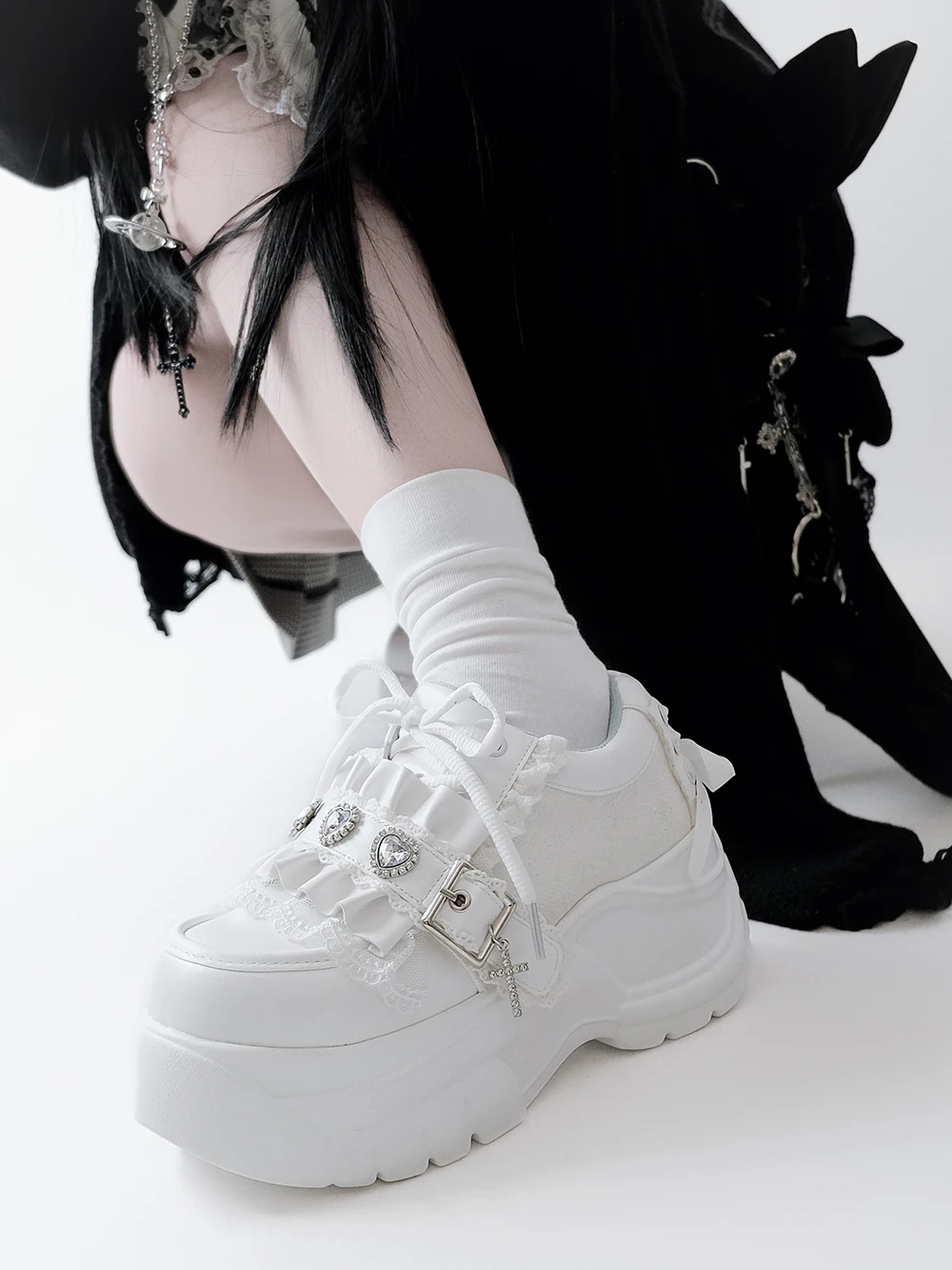 Original Subculture Japanese Platform Shoes Autumn and Winter 2025 Mine Love Rhinestone Sweet Cool Jk Lace-up Shoes Y2k Pumps