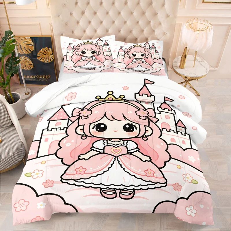 Cute Pink Princess Castle Floral Print Quilt Comforter Set Bedding Set Pillowcase HD Art Print Cozy Aesthetic Bedroom Bed Kit