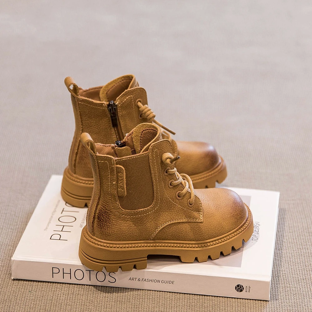 Kids Ankle Boots Boys Girls Lace-Up Side Zipper Non-Slip Soft Sole Winter Warm Booties Toddler Shoes for Outdoor School Daily