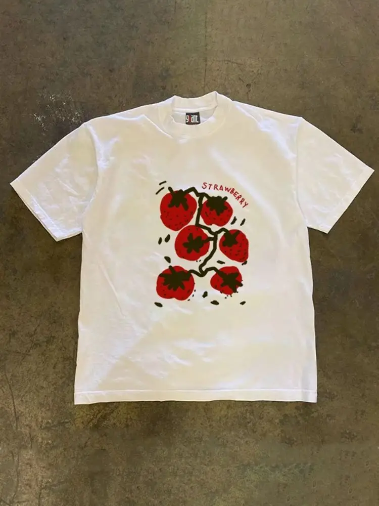 

High Street Brand American Retro Loose A String of Strawberry Print T-shirt Loose Comfortable Unique Top for Men and Women