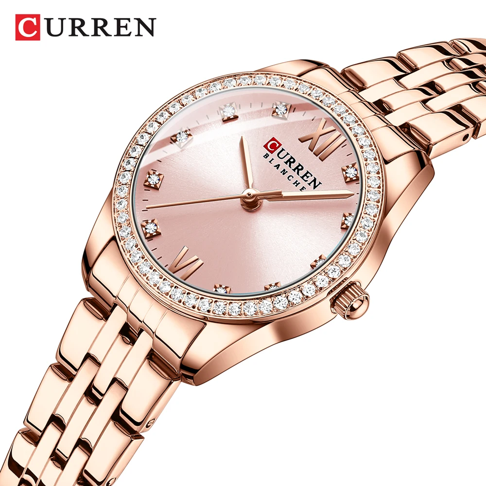 CURREN Classic Simple Stainless Steel Quartz Watches for Women Rose Dial with Rhinestone Charming Wristwatches