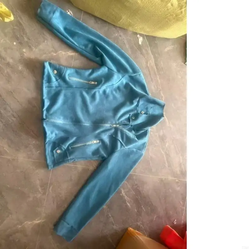 

77HE Women's faux suede trendy short motorcycle Coat with zipper