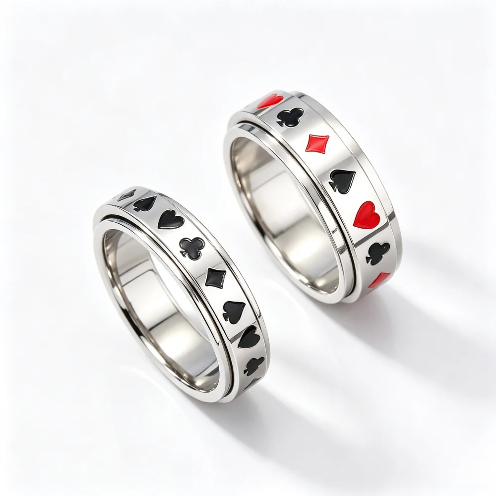 8mm Black Stainless Steel Rotatable Ring for Men Punk Vintage Lucky Playing Card Poker Accessories