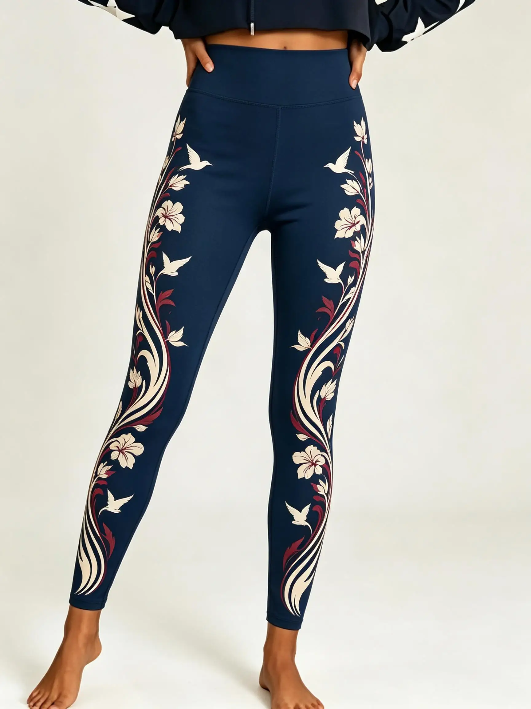 Women Fleece‑lined Mid‑rise Leggings Vintage Swallow Bird Floral Scroll Vine Side‑leg Print Slim Stretch Winter Casual Pants