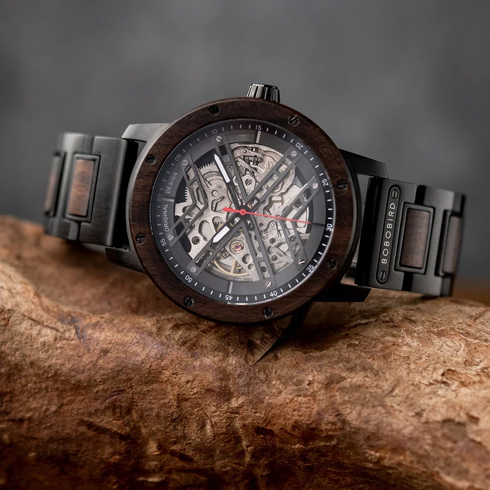Reloj mecánico automático BOBO BIRD, camiseta nueva, reloj de pulsera de madera para hombres de negocios, relojes grabados personalizados únicos, caja de regalo de Navidad