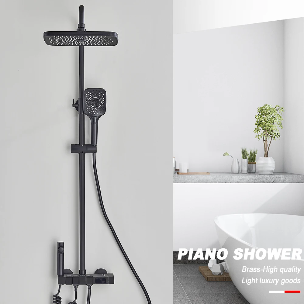 Black Piano Digital Shower Set Intelligent Brass Bathroom Faucets Hot Cold Waterfall Tap Rainfall White Shower System Chuveiro