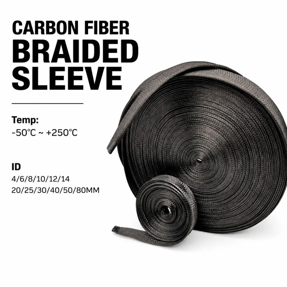 Black Carbon Fibre Tubing ID 4-80mm High Temperature Resistant Braided Mesh Tubing Wire Sleeve High Strength Protection Sleeve