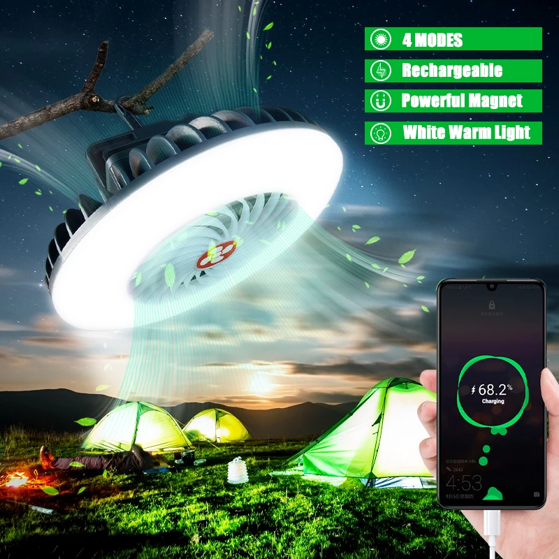 3 in 1 LED Camping Fan Multifunction Lighting Electric Fan Hanging Tent Lamp USB Charging Portable Summer Fan Light with Power