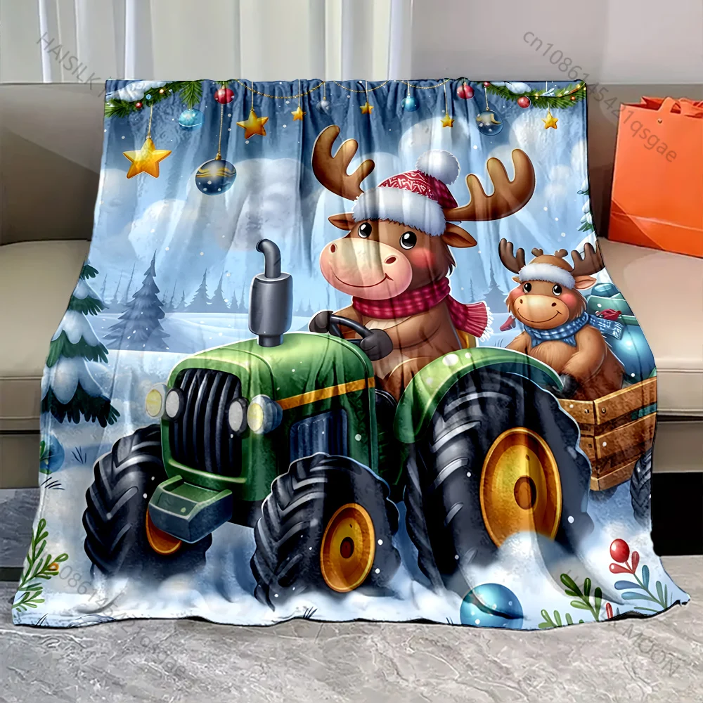 Festive Moose Driving Tractor Pattern Blanket Flannel Material Soft Warm for All Seasons, Home Outdoor Camping Picnics RV
