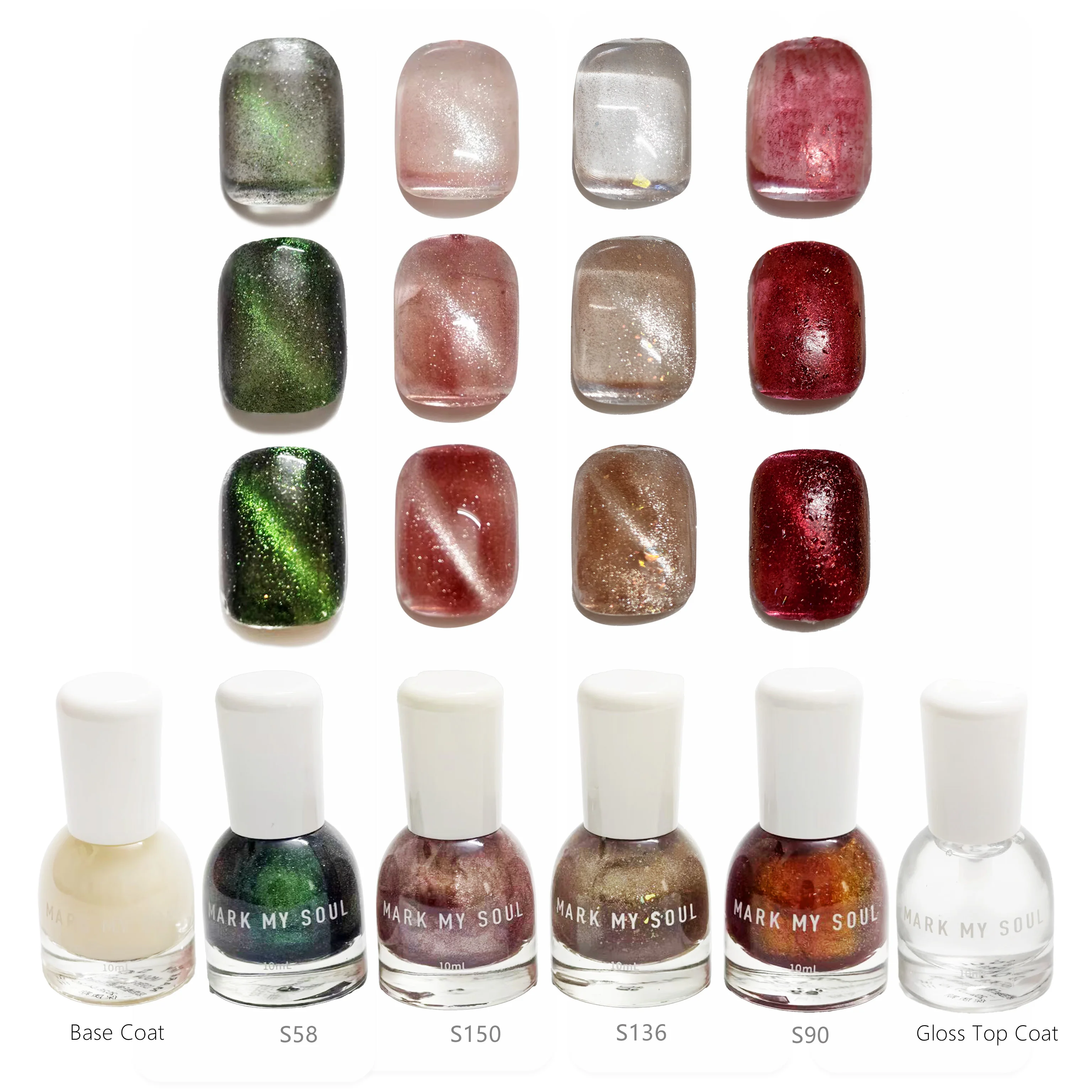 6 Pieces Aurora Caramel Milk Tea Nude Brown Multi Color Art Contrast Glass Cat Eye, MARK MY SOUL No UV Lamp Cat Eye Nail Polish