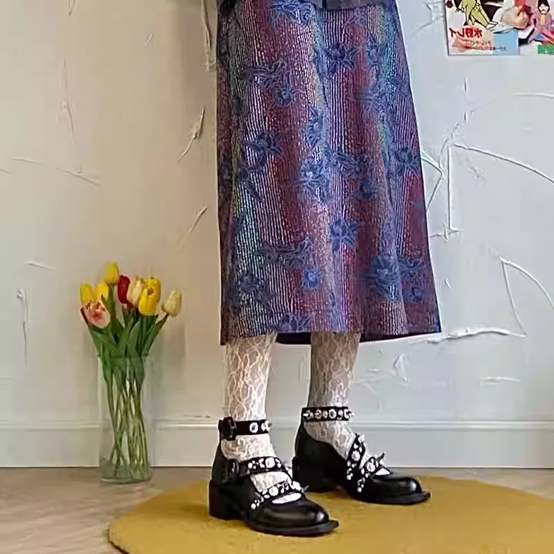 

Black Square-Toe Mary Janes with Crystal and Spike Embellishments, Chunky Sole Punk-Style with Rivet Embellishments Woman's Shoe