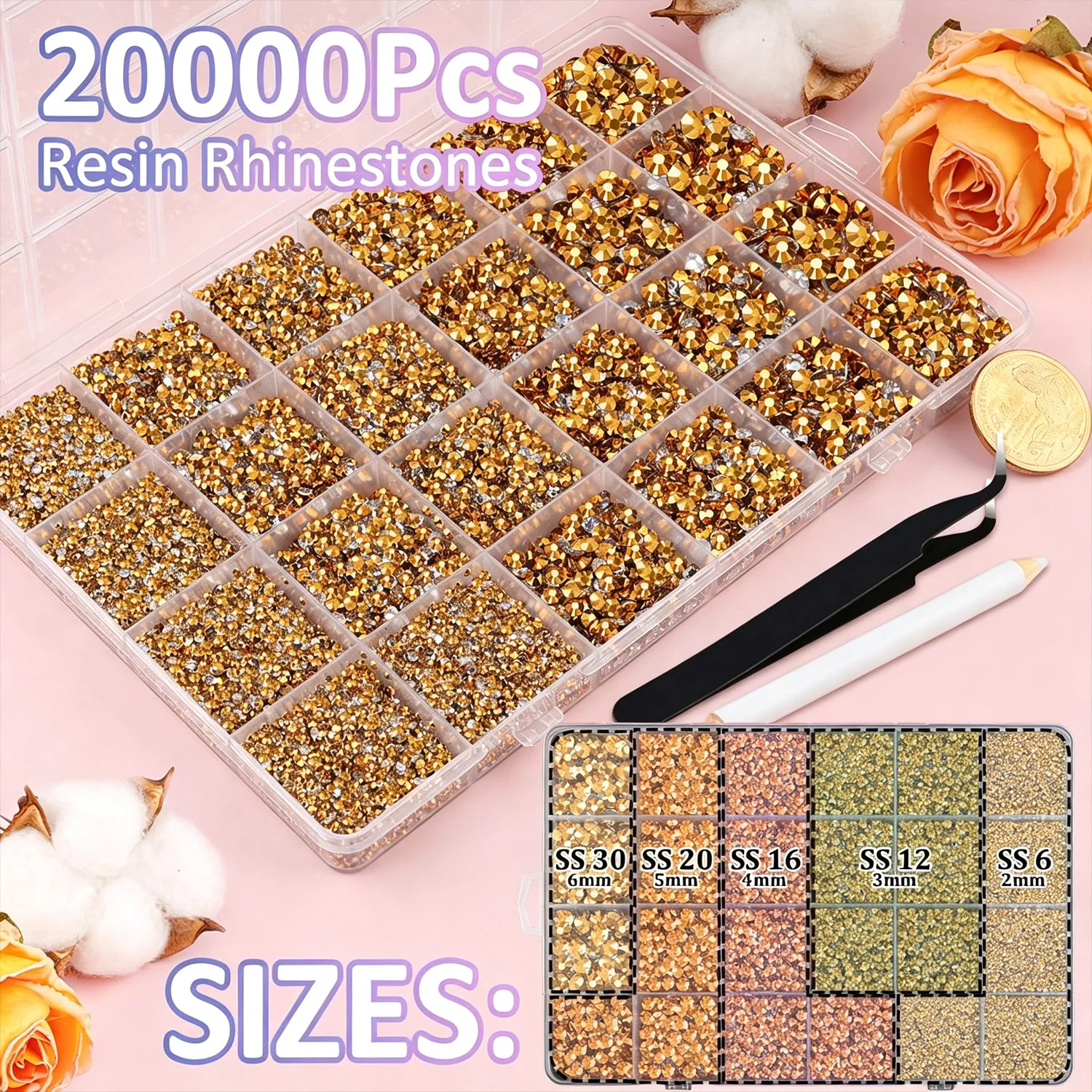 20000PCS Golden Resin Flatback Rhinestones, AB Color 2-6mm Non Hotfix Craft Nail Gems with Pick Pen Tweezers Spoon Trays