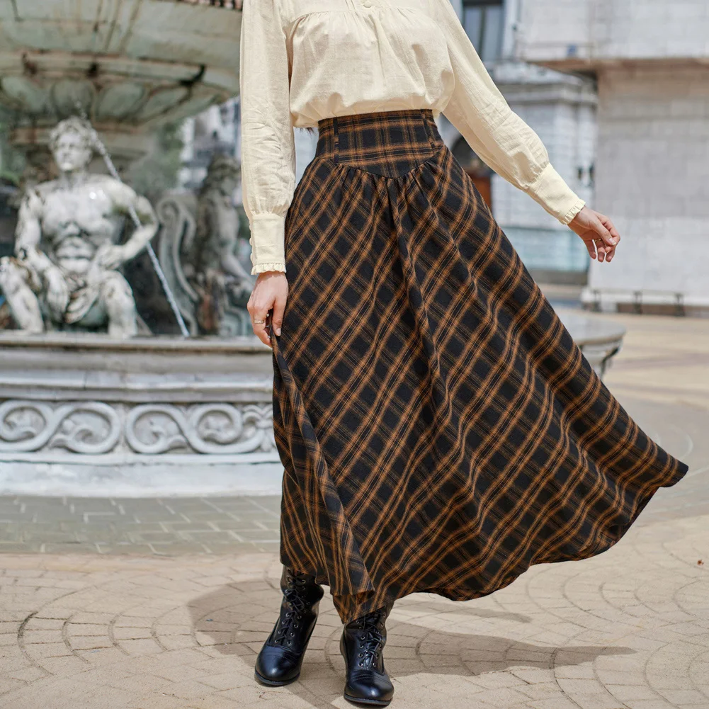 SD Women Renaissance Maxi Skirt Elastic High Waist Plaided Swing A-line Gothic Vintage Retro Skirt Slim Fit Fashion Streetwear