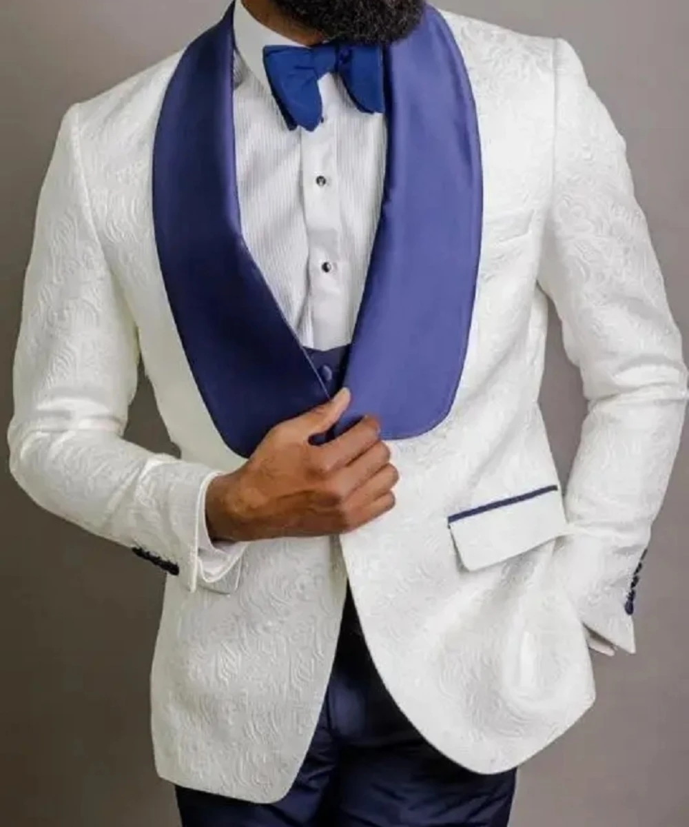 Fashion One Button Shawl Blue Lapel  Men Suit Wedding Prom Male Blazer 3 Pieces Jacket+Pants+Vest