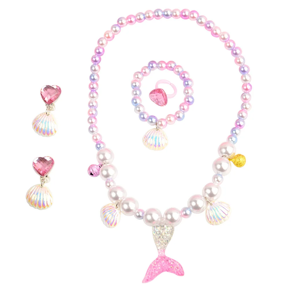 

5 Piece Children Mermaid Jewelry Set Simulation Pearl Necklace Bracelet Ring Earring Daily Dress Up Jewelry Five Piece Suit
