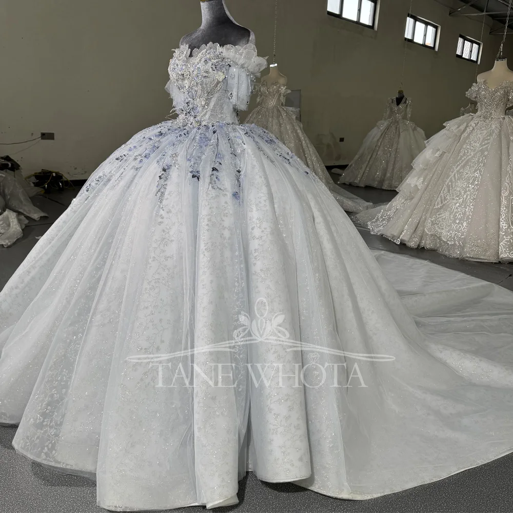 Vestido De Noiva 2026 Off The Shoulder Lace Up Back Wedding Dress Beading Blue Lace Ball Gown Long Bridal Dress