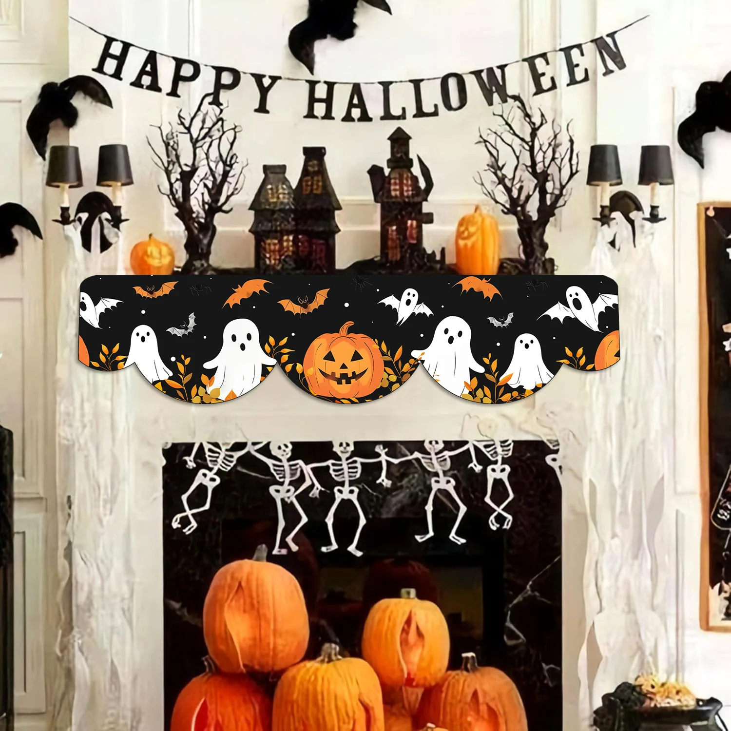 Vintage Halloween Black Orange Polyester Fireplace Scarf with Pumpkin Lantern Bat and Spider Web Kitchen Party Home Decoration