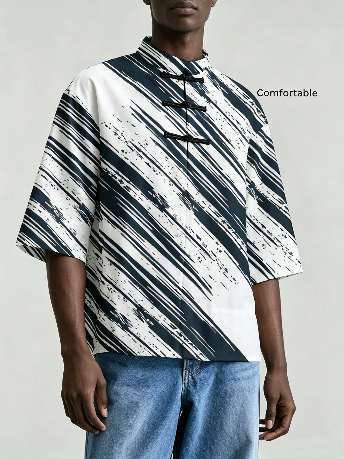 Men Chinese Style Frog Button Stand Collar Shirt, Loose Short Sleeve Stripe Star Dragon Print Casual Blouse For Summer