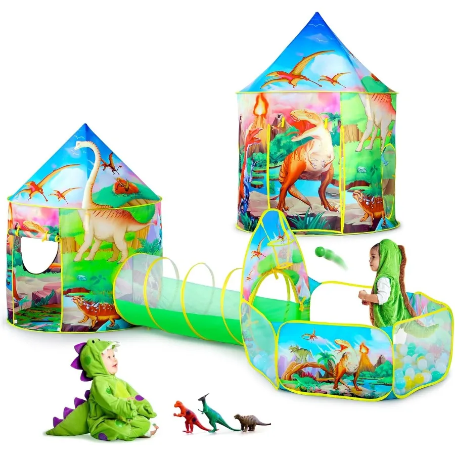 3-teiliges Dinosaurier-Zelt für Mädchen mit Bällebad-Spielzelten und Krabbel-Tunnel für Kleinkinder, rosa Pop-Up-Spielhaus-Spielzeug für Babys und Indooran