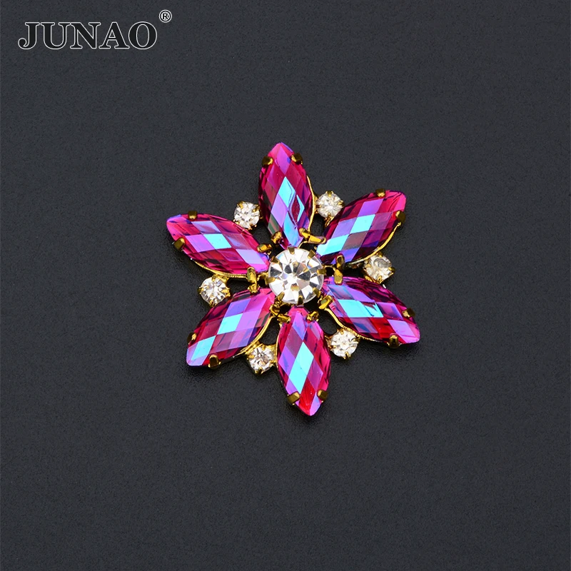 JUNAO 1 pz 36mm fucsia AB cucito strass applique fiore cristalli di vetro applique artiglio d\'oro cucire su gioielli per la realizzazione di abiti
