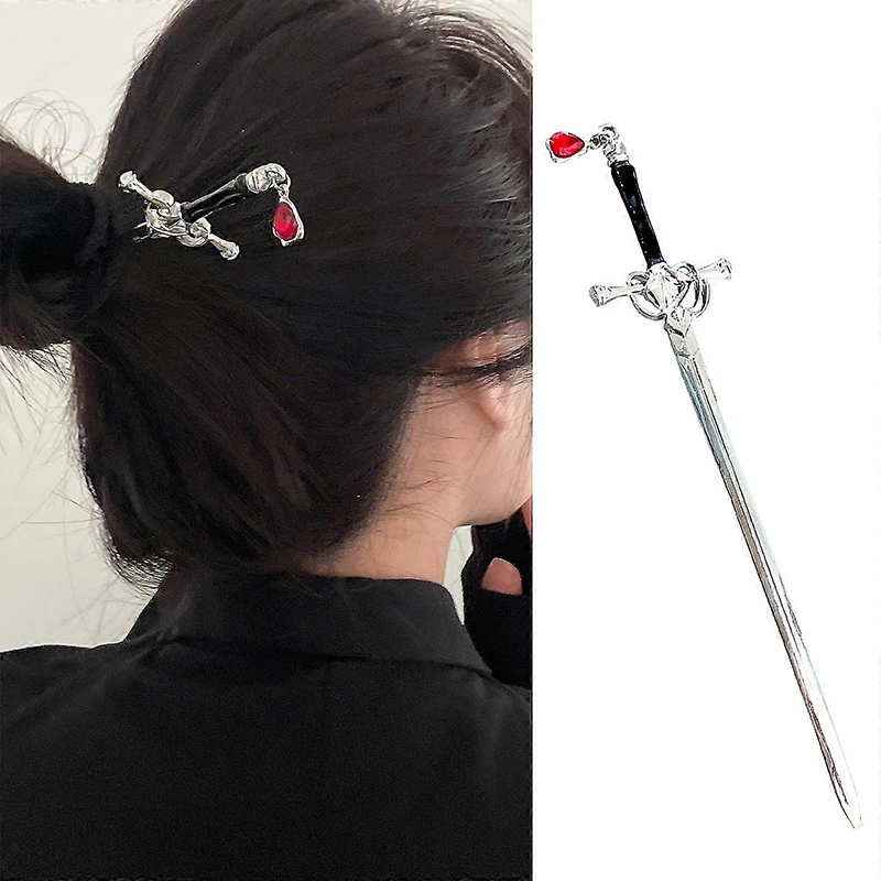 Chinesischen Stil Schwert Rot Edelstein Anhänger Quaste Haar Stick für Frauen Vintage Metall Hanfu Essstäbchen Haar Sticks Haar Zubehör