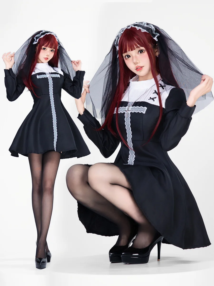 

2026 New Sexy Gothic Nun Cosplay Costume, Black Lace Trim Dress with Veil & Necklace, Halloween Vampire Witch Outfit for Women