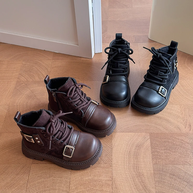 Girls Round Toe Short Boots Metal Buckle Retro Fashion Autumn Winter Children's Shoes Simple Stylish Shoes for Kids Shoes 26-36