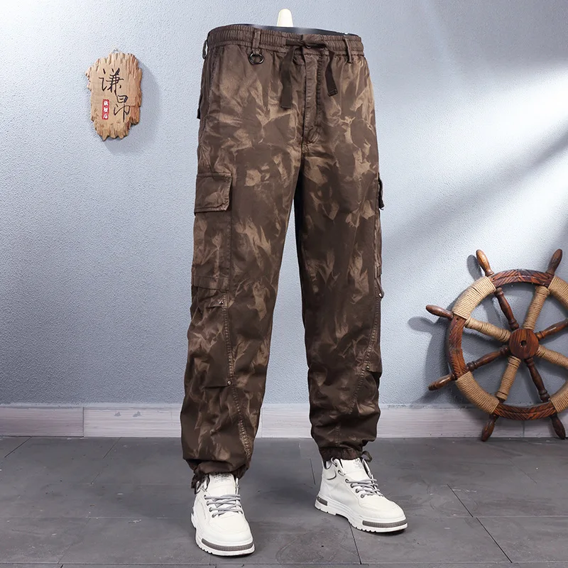 

Камуфляжные эластичные талии, свободные прямые широкие повседневные брюки для мужчин, модные спортивные брюки для походов на открытом воздухе, спецодежда