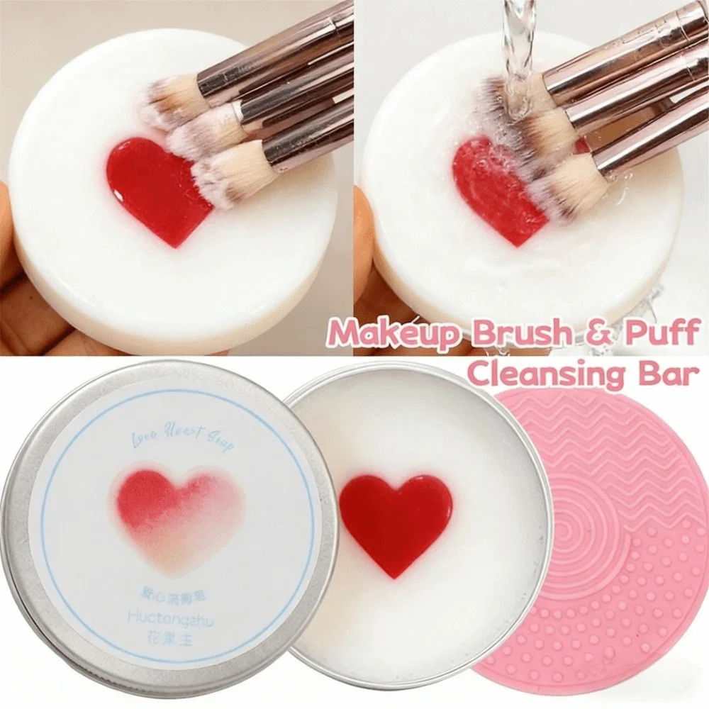Deep Clean Makeup Brush Cleaner Soap with Silicone Mat Heart Shape Cosmetic Sponge Cleaner Quick-Dry Reusable Beauty Tool Washer