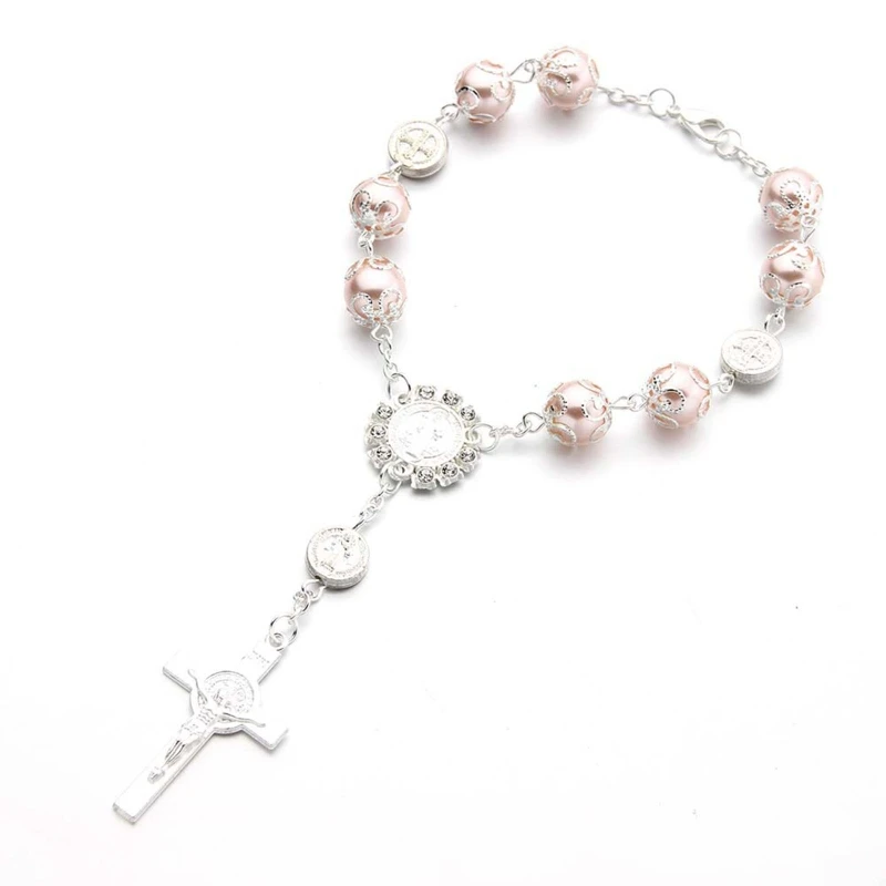 S1Y1 Baby Pearl Baptism Religious Gift Catholic for Cross Finger Chain Mini Rosary Multicolor for Cross Rosary Bracelet for W