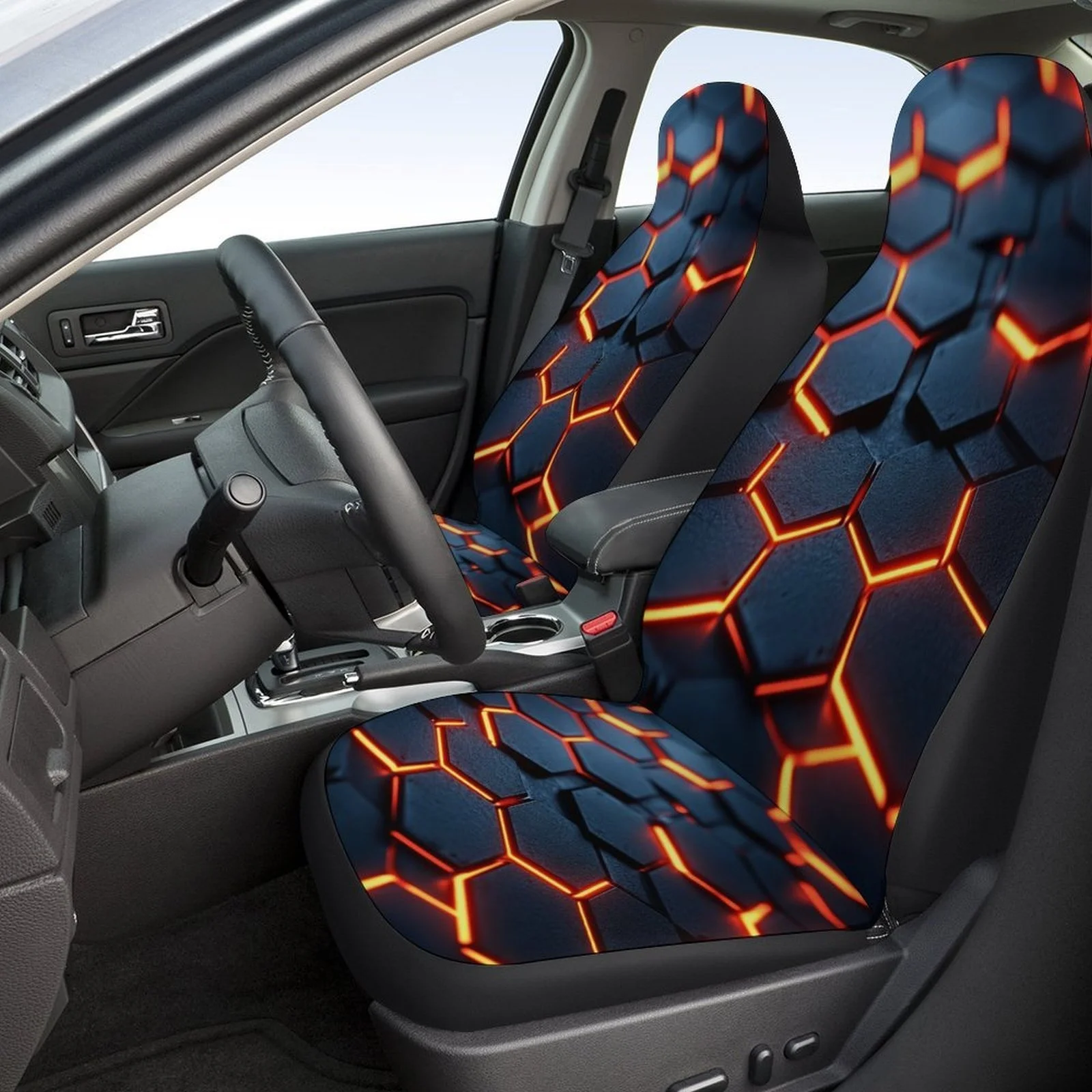 Hexagon Grid Glow Themed Car Seat Cover Set For Most Cars, Trendy Novelty Car Seat Protector Covers Full Set, Universal Car Seat