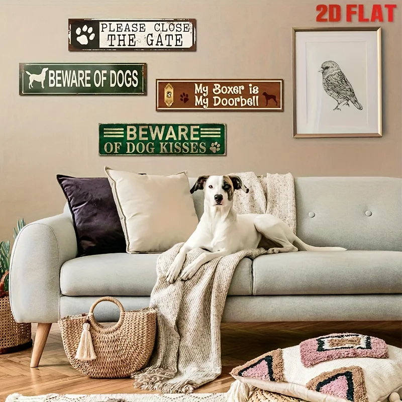 2D Flat, 4pcs Funny Dog Sign Metal Sign Tin Sign Wall Decor Metal Painting Wall Sticker Vintage Metal Tin Signs Posters 10x40cm