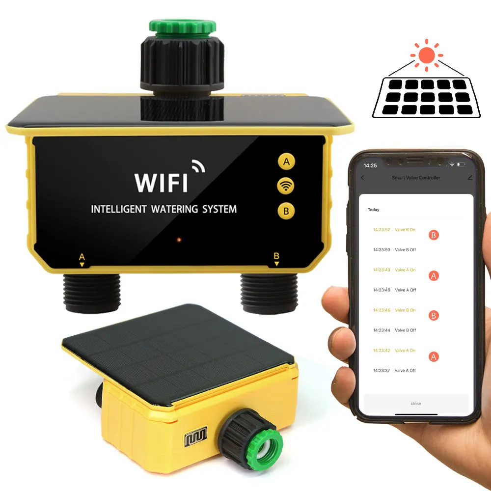 2-Way WIFI Solar Irrigation Timer Tuya/Smart Life APP Control Automatic Irrigation System for Garden Outdoor Tap Solenoid Valve