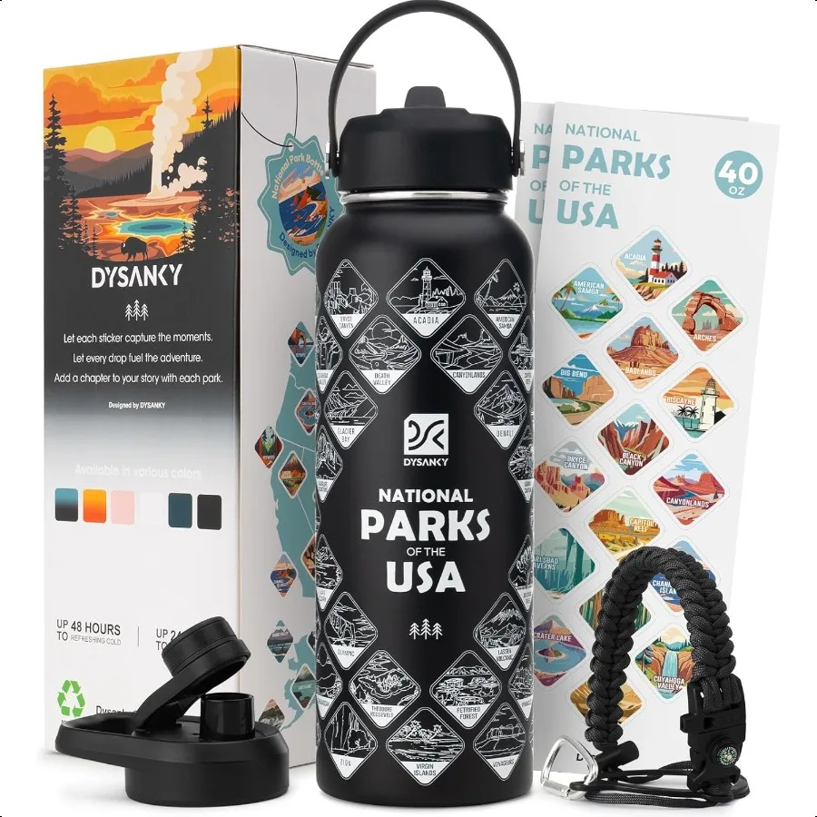 

National Parks Water Bottle 40 oz Insulated Stainl Steel Water Jug with 63 HandDrawn Park Stickers Outdoor Accories Gift Box BP