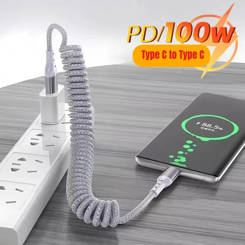 100W Fast Charging Car Spring Cable Short Type C to USB C Compatible with iPhone 15 Samsung S25 S23 - Phone Data Cable