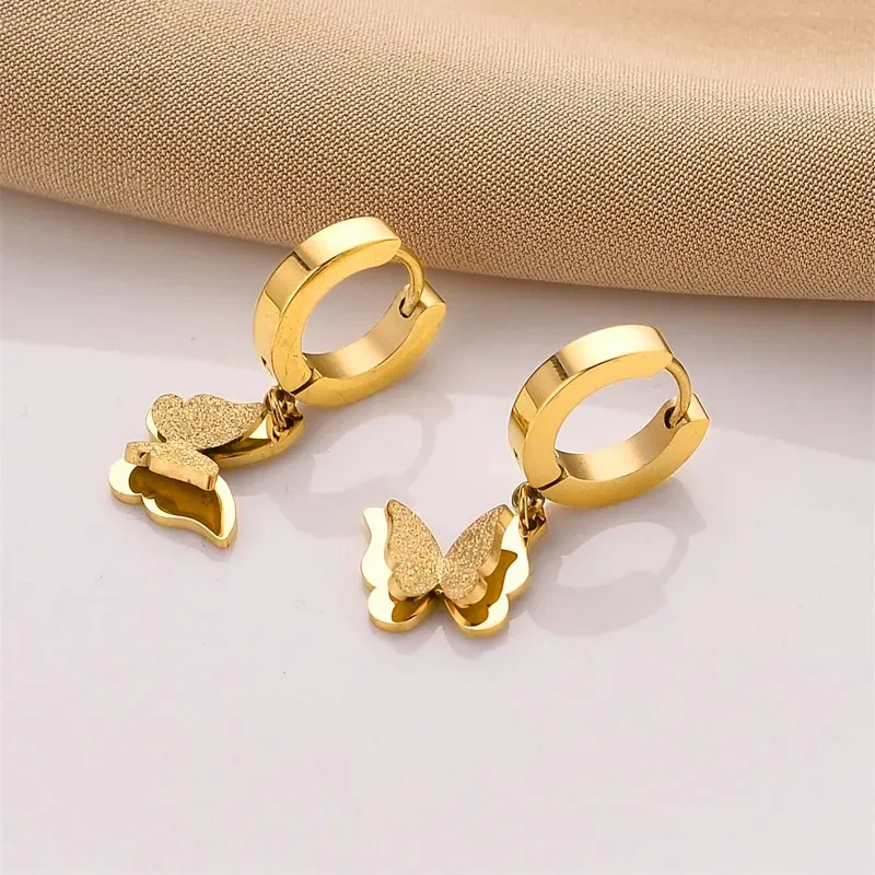 Stainless Steel Butterfly Hoop Earrings For Women Jewelry Gift Female Long Tassel Frosted Matte Drop Earrings Korean Sent Free