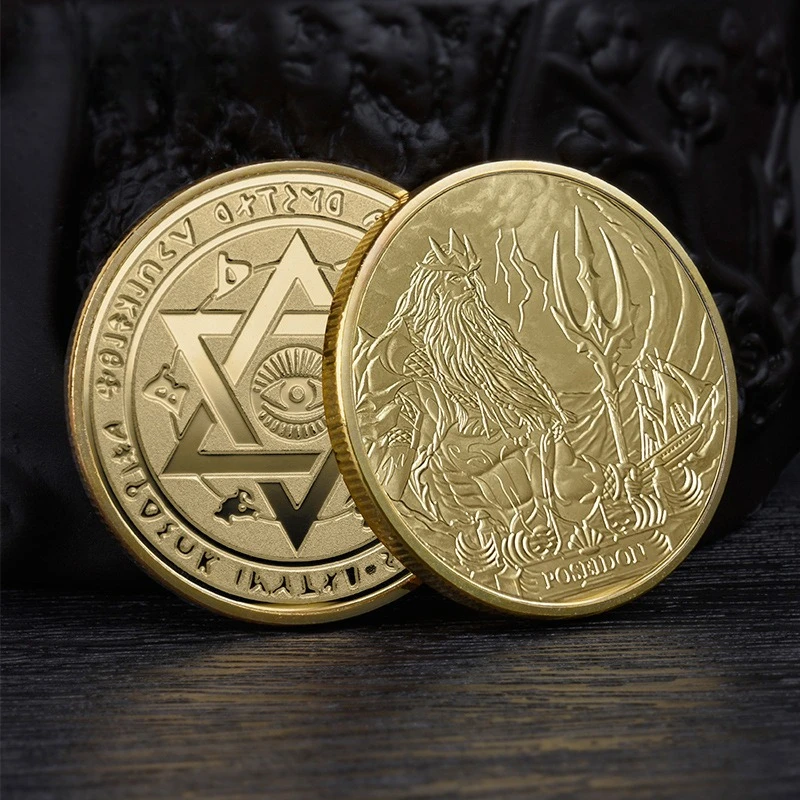 Ancient Greek Sea God Commemorative Gold Coin, Pharaoh Poseidon's Golden Hairpin Lucky Coin, Guardian Coins