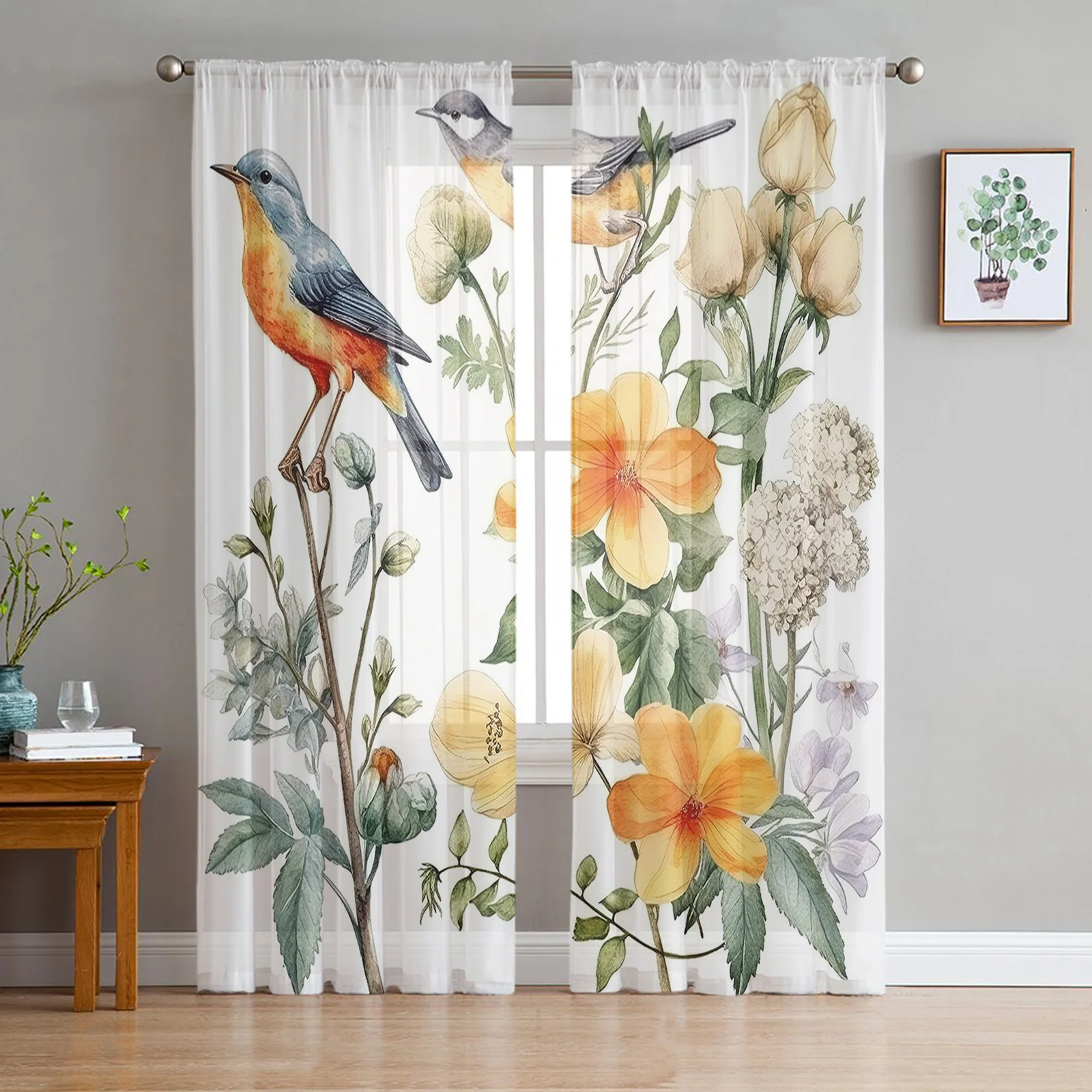 

Bird Flowers Leaves Branches Nostalgic Sheer Curtains Modern Gauze Curtain for Living Room Bedroom Voile Yarn Curtains